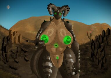 5_fingers absurd_res anthro belly big_breasts breasts claws curvy_figure deathclaw desert detailed_background digital_media_(artwork) fallout female fingers genitals glowing glowing_eyes glowing_genitalia glowing_nipples glowing_vulva hi_res horn huge_breasts huge_filesize looking_at_viewer microsoft monster navel nipples nude reptile scalie smile solo tail thick_thighs voluptuous vulva wide_hips