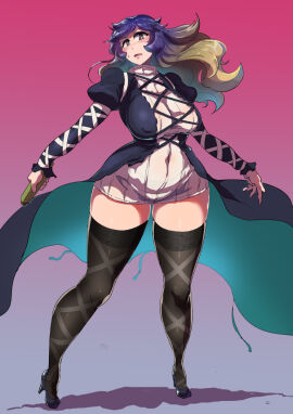 1girls black_legwear breasts curvy enajii female golden_hair hijiri_byakuren huge_breasts juliet_sleeves large_breasts long_dress long_hair long_sleeves milf mommy multicolored_hair puffy_sleeves purple_hair solo standing sweatdrop thighhighs touhou touhou_project