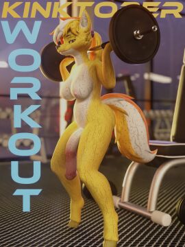 3d_(artwork) absurd_res animal_genitalia animal_penis anthro blender_cycles bodily_fluids canid canine canis digital_media_(artwork) equid equine equine_genitalia equine_penis exercise genitals gynomorph hair haolde haolde_(character) hi_res horse huge_filesize hybrid intersex kinktober kinktober_2025 looking_at_viewer mammal nude_gynomorph penis ponytail solo sweat weightlifting wolf workout