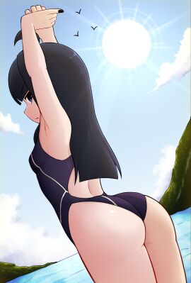 arms_above_head arms_up ass ass_focus beach big_breasts black_hair breasts competition_swimsuit death-chan_(konanexe) female konanexe long_hair looking_at_viewer looking_back one-piece_swimsuit original original_character outdoors small_breasts stretching summer swimsuit thick_thighs thighs wide_hips