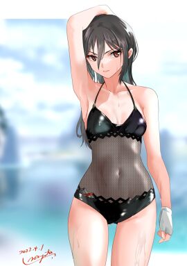 black_hair black_one-piece_swimsuit breasts brown_eyes casual_one-piece_swimsuit closed_mouth collarbone covered_navel criss-cross_back-straps dated female female_only fingerless_gloves fishnet_swimsuit gloves hair_between_eyes highres long_hair looking_at_viewer morag_ladair_(obligatory_leave)_(xenoblade) morag_ladair_(xenoblade) nayuta-kanata no_headwear official_alternate_costume one-piece_bikini one-piece_swimsuit one_arm_up simple_background small_breasts solo solo_female swimsuit wet white_gloves xenoblade_(series) xenoblade_chronicles_2