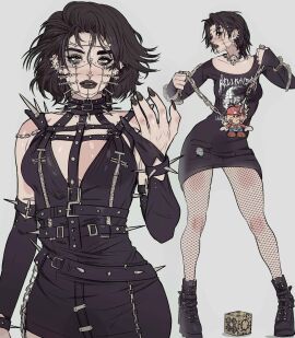 1girls alt_girl black_clothing black_hair black_lipstick black_nails boots breasts cenobite chains choker cleavage collar combat_boots emo eyeshadow face_piercings female fishnet_legwear fishnets girl_who_is_obsessed_with goth goth_girl hellraiser leather leather_clothing light-skinned_female light_skin lipstick long_shirt mario nail_polish nails original original_character pale-skinned_female pale_skin petite petite_body pinhead plushie sharp_fingernails slim_waist small_breasts solo spiked_bracelet spiked_collar spikes streetwear thighs wolf_cut yoracrab