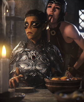 2024 2girls 3d armor armored_female baldur's_gate baldur's_gate_3 big_breasts black_hair breasts circlet clothed detailed_background dungeons_and_dragons duo duo_focus elf_ears female gith githyanki half_elf hi_res high_resolution highres kinky lae'zel large_breasts licking_ear long_ears shadowheart son_umbasa surprised surprised_expression wizards_of_the_coast yuri