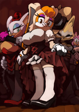2024 2d 2d_(artwork) 4girls amy_rose anthro bat big_breasts big_thighs bittenhard blue_lipstick breasts brown_eyes canine closed_eyes cosplay costume cute dress eyelashes eyeliner female gloves green_eyes hat hedgehog heels huge_breasts idw_publishing leggings legwear long_hair looking_at_viewer looking_pleasured make_up makeup mobian mobian_(species) mobian_bat mouth mouth_open orange_hair orange_skin outfit pink_skin rabbit rouge_the_bat sega short_hair skirt skirt_lift smile smiling smiling_at_viewer socks sonic_(series) sonic_adventure_2 sonic_the_hedgehog_(comics) sonic_the_hedgehog_(idw) sonic_the_hedgehog_(series) thighs vanilla_the_rabbit whisper_the_wolf white_skin yellow_skin