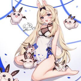1girls animal_ears bangs bare_shoulders barefoot blonde_hair blue_eyes blush bow breasts bunny_ears bunny_girl choker dress eyebrows_visible_through_hair fangs female flower hair_bow long_hair looking_at_viewer miwiichi open_mouth ribbon sitting small_breasts smile striped sunglasses very_long_hair virtual_youtuber vyugen yenko