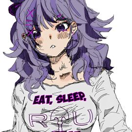 1girls big_breasts breasts clothed cute dressed female happy light_skin medium_hair not_the_tob purple_eyes purple_hair riu-chan riu_chan roblox roblox_game roblox_is_unbreakable safe_for_work self_upload small_nose smile solo t-shirt tagme text_on_clothing white_shirt