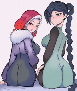 2girls alonso122 ass big_ass blue_hair female green_eyes looking_at_viewer looking_back manjusaka_(scissor_seven) multiple_females multiple_girls red_eyes red_hair scissor_seven sitting thirteen_(scissor_seven) tight_ass white_hair