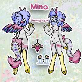 angel anthro bodily_fluids bovid bovid_horn breasts caprine caprine_horn digital_media_(artwork) female forked_tongue fur genitals goat goat_horn hair heart_nipples horn hybrid long_tail mammal model_sheet nipples nude open_mouth purple_hair pussy red_eyes sand_chomper solo tail tears teeth text tongue twintails vulva white_body white_fur yellow_body yellow_eyes yellow_fur yellow_teeth