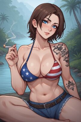 ai_generated american_flag_bikini big_breasts jill_valentine resident_evil resident_evil_3 smoking