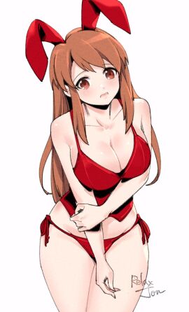 animal_ears asahina_mikuru bikini breasts brown_eyes brown_hair cleavage collarbone cowboy_shot fake_animal_ears female female_only large_breasts looking_at_viewer nontraditional_playboy_bunny playboy_bunny rabbit_ears red_bikini relaxjon side-tie_bikini_bottom simple_background solo standing suzumiya_haruhi_no_yuuutsu swimsuit thighs white_background