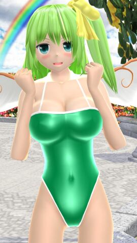 1girls 2023 3d arms_up belly_button blue_eyes breasts cleavage clouds daiyousei fairy fairy_wings female flower_field garden green-haired_female green_swimsuit hati_yukkuri_mmd hips light-skinned_female light_skin long-haired_female looking_at_viewer mmd open_mouth outdoors rainbow sky solo_female solo_focus swimsuit tied_hair touhou waist wings yellow_ribbon