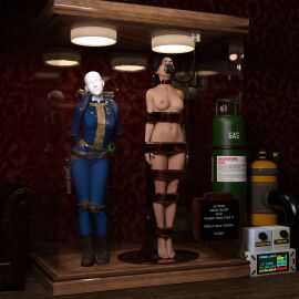 1girls 3d bondage bound bound_arms bound_legs completely_nude ella_purnell english_text fallout fallout_(tv_series) female female_only lucy_maclean mannequin no_artist_signature nude nude_female oldmanjaay pip-boy solo text trophy_case vault_suit