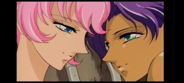2girls animated anthy_himemiya blue_eyes canon_couple dark-skinned_female green_eyes interracial_yuri lesbian_kiss pink_hair purple_hair revolutionary_girl_utena tagme utena_tenjou video