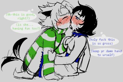 awkward bad_sex bec_harley becquerel breasts dialogue dog_ears dubious_consent female first_time groping groping_breasts guidestuck homestuck kissing male nanna_(homestuck) questioning_self quinn_egbert strilalonder sweater thought_bubble tongue_kiss wagging_tail