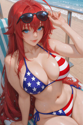 1girls ai_generated american_flag_bikini bikini blue_eyes female female_focus hi_res high_resolution high_school_dxd highres long_hair looking_at_viewer outdoors outside red_hair relaxing rias_gremory sitting solo sunglasses sunglasses_on_forehead sunglasses_on_head upscaled