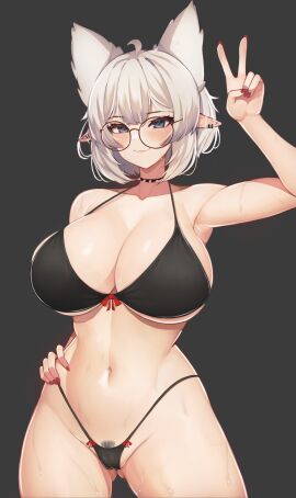 absurd_res ahoge animal_ears arm_up armpits bikini black_bikini black_bra black_choker black_thong blush borrowed_character breasts cameltoe choker cleft_of_venus closed_mouth cowboy_shot ear_piercing female female_pubic_hair glasses grey_background grey_hair hand_on_own_hip hi_res high_resolution highres large_breasts lorel_(aurwoora) multi_ear nail_polish navel nipples original panties piercing pointy_ears pubic_hair pubic_hair_peek pussy red_nails round_eyewear short_hair simple_background smile solo spiked_choker spikes standing swimsuit tagme thong thong_bikini thong_panties topless underwear v varniskarnis white_hair