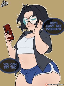 1boy artist_self-insert ass black_hair blue_shorts bready_(srbready) crop_top dolphin_shorts english_text femboy glasses grin huge_ass light-skinned_male light_skin looking_at_viewer male midriff multiple_views navel original plump short_hair short_shorts shorts socks srbready text thick_thighs thighs wide_hips