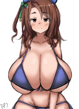 1girls alternate_breast_size aytk023 bikini blush breasts breasts_bigger_than_head brown_eyes brown_hair bursting_breasts cleavage female female_only hanging_breasts horse_ears horse_girl huge_breasts king_halo_(umamusume) looking_at_viewer massive_breasts side_ponytail smile solo tied_hair umamusume umamusume_pretty_derby