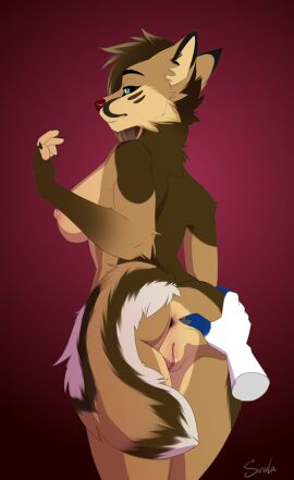 2021 ambiguous_gender anthro anus ass ass_grab breasts brown_body brown_fur butt_grab canid canine canis disembodied_hand female female/ambiguous female_focus fur genitals hand_on_ass hand_on_butt looking_at_viewer mammal nipples pussy rear_view sinalanf solo_focus spread_ass spread_butt spreading wolf zempy