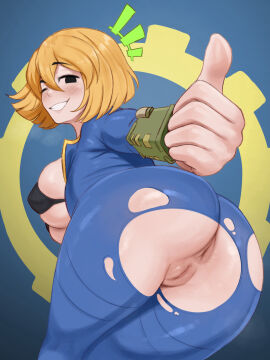 1girls anus ass ass_focus bent_over blonde_hair breasts brikot fallout female medium_breasts mob_face pussy ripped_clothing tagme thumbs_up tight_clothing torn_clothes vagina vault_dweller vault_girl vertical_anus y_anus