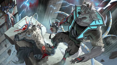 4_missing_limbs after_orgasm ale55 amputee anthro balls band-aid band-aid_on_face band-aid_on_nose bandage bandage_on_face bandage_on_nose beard black_body black_clothing black_fur black_shirt black_topwear blood_drip blood_on_leg bodily_fluids body_writing bottomwear canid canine canis chinese_text cigarette cigarette_in_mouth city city_background cityscape clothing cybernetic_arm cybernetic_limb death disability dragonsmint dripping ear_piercing ear_ring electricity erection exposed_bone exposed_flesh eye_scar eyewear eyewear_on_head facial_hair facial_scar flaccid foot_on_leg footwear foreskin fur genital_fluids genitals gore group hair hi_res high-angle_view holding_head humanoid_genitalia humanoid_penis jacket killing lightning male male/male male_death mammal mgg_(character) multicolored_body multicolored_fur nude nullification nullo object_in_mouth open_mouth pants penis piercing pubes quadruped retracted_foreskin ring_piercing scar shirt skinsuit spread_eagle standing sunglasses sunglasses_on_head text tight_clothing topwear torn_skinsuit trio two-tone_body two-tone_fur uncircumcised vein veiny_penis white_body white_fur wolf yellow_eyes