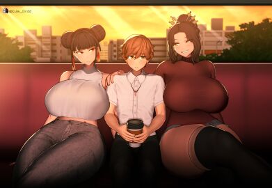 1boy 2girls 3d ayumi_kyoko big_breasts black_hair breasts breasts_bigger_than_head brown_hair clothed cute_birdd dominant_female female femdom huge_breasts koikatsu large_breasts large_thighs light-skinned_female light-skinned_male light_skin male original red_eyes shy shy_male smug smug_face submissive tagme thick_thighs thighs train train_interior yellow_eyes yin_gua