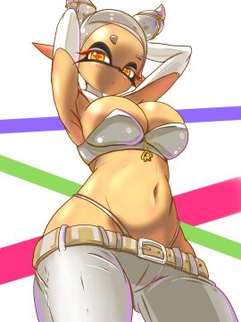 1girls alternate_costume armpits arms_behind_head arms_up barely_contained belt crop_top dark-skinned_female dark_skin elbow_gloves female from_below frye_(grand_festival) frye_(splatoon) gloves grand_festival_(splatfest) hands_behind_head jeans looking_at_viewer midriff navel nintendo now_or_never_horns official_alternate_costume shorts splatfest splatoon splatoon_(series) splatoon_3 strapless t2ukmyjm team_future_(splatfest) tentacle_hair thong turtleneck white_skin yellow_eyes zipper