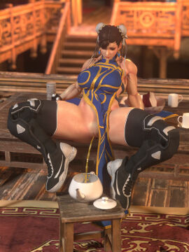 3d balancing biceps black_thighhighs blue_dress bracelet breasts brown_eyes brown_hair bun_cover carpet cheongsam china_dress chinese_clothes chun-li clothing cup cyborg double_bun dress earrings eyeliner eyeshadow female female_only footwear gold_trim hair_bun high_heels jewelry large_breasts legwear lips makeup mug muscular muscular_female peeing peeing_in_cup peeing_into_container pelvic_curtain piss_play reflective_floor see-through shoes sleeveless sneakers solo spiked_bracelet spread_legs street_fighter table teacup teapot thick_thighs thighhighs thighs tied_hair uncensored urinating urinating_female urination urine urine_stream zeroreyko