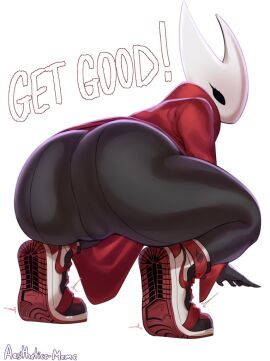 1girls aestheticc-meme anthro artist_signature ass big_ass big_thighs blush breasts bug bug_girl butt cloak cloak_only dialogue female gigantic_ass gigantic_thighs hollow_knight hollow_knight:_silksong hornet_(hollow_knight) huge_ass huge_thighs insect_girl insects leggings looking_at_viewer mask meme naked_footwear naked_sneakers shaw shoes sneakers text thick_thighs thighs
