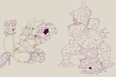 anthro big_breasts birth breasts cinderace female generation_1_pokemon generation_8_pokemon genitals goo_creature grimer group hi_res inflation likasomboody muk nintendo nipples pokemon pokemon_(species) pregnant pregnant_female pussy restrained_legs vaginal_birth