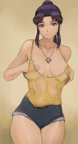 2024 2d 2d_(artwork) bangs bare_shoulders blush breasts brown_eyes cleavage clothed clothed_female cowboy_shot cross_necklace exposed_breasts female female_only human human_only large_breasts long_hair looking_at_viewer mature mature_female misato_katsuragi necklace neon_genesis_evangelion nextoad nipples no_bra parted_bangs pendant ponytail pose posing posing_for_the_viewer purple_hair questionable short_shorts simple_background smile smiling_at_viewer solo solo_female standing yellow_background