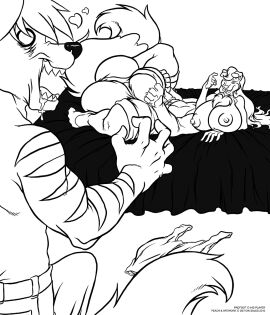 2010 anthro areola beckoning big_breasts big_bulge bodily_fluids bottomwear breasts bulge canid canid_taur canine canine_taur canis chest_tuft clothed clothing deonwolf digital_media_(artwork) drooling erection erection_under_clothing futanari gesture hair heart_symbol hi_res huge_breasts huge_bulge hyper hyper_bulge intersex line_art male mammal mammal_taur nipples open_mouth padfoot_(padfootsm) pants peach_(deonwolf) saliva shirt shorts stripes taur teeth topless topwear tuft wolf