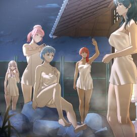 5girls absurdres arm_up armpits bare_legs barefoot blue_eyes blue_hair breasts brown_eyes byleth_(fire_emblem) byleth_(fire_emblem)_(female) covering_privates feet female female_only fire_emblem fire_emblem:_three_houses fire_emblem_warriors:_three_hopes grey_hair hair_bun highres hilda_valentine_goneril knee_up large_breasts legs leonie_pinelli long_hair lysithea_von_ordelia marianne_von_edmund medium_breasts multiple_females multiple_girls naked_towel night nintendo nude_cover o3o official_alternate_hairstyle onsen orange_eyes orange_hair outdoors pink_eyes pink_hair pomelomelon ponytail post-timeskip rock same-sex_bathing shared_bathing short_hair sideboob sitting small_breasts soles standing steam toes towel