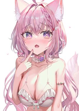 absurdres ahoge animal_ears armlet bare_shoulders bent_over bikini blush braid breasts cleavage collarbone female finger_to_mouth fingernails frilled_bikini frills groin hair_ornament hakui_koyori heart heart-shaped_pupils highres hololive hololive_japan holox jewelry large_breasts looking_at_viewer necklace nose_blush open_mouth pink_eyes pink_hair pink_nails purple_eyes rum_raisin_(chihiromakita19) short_hair sidelocks simple_background single_braid smile solo standing string_bikini swimsuit symbol-shaped_pupils tail upper_body virtual_youtuber white_background wolf_ears wolf_girl wolf_tail