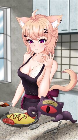 1girls ahoge animal_ear_fluff animal_ears apron bangs bare_arms bare_shoulders black_tank_top blonde_hair blurry blurry_background blush breasts camisole cat_ears cat_girl cat_tail catgirl cleavage closed_mouth collarbone depth_of_field ear_piercing eyebrows_visible_through_hair face_markings female food hair_between_eyes hair_ornament hairclip hand_up holding indoors light_brown_hair long_hair looking_at_viewer medium_breasts mole_on_breast naked_apron piercing red_eyes sleeveless smile solo squchan_(vtuber) sweat tagme tagme_(artist) tail tile_wall tiles virtual_youtuber vyugen