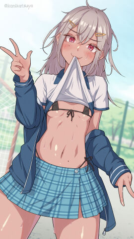 :3 absurdres ahoge areola_slip blue_jacket blue_skirt blush breasts clothes_lift collared_shirt female female_only grey_hair hair_ornament highres jacket kanikatsuya lacrosse messy_hair micro_bikini midriff mole mole_under_eye mouth_pull navel open_jacket peace_sign petite plaid_skirt pulling_own_clothes red_eyes shirt_bite shirt_lift skirt small_breasts solo_female sportswear sweat tanned tanned_female tanned_skin v zipper
