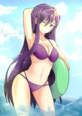 1girls artist_signature bikini bikini_bottom bikini_top breasts cleavage collarbone doki_doki_literature_club female hatokame-kun hatokamek human in_water long_hair navel purple_bikini purple_bikini_bottom purple_bikini_top purple_eyes purple_hair purple_swimsuit swimwear water yuri_(doki_doki_literature_club)