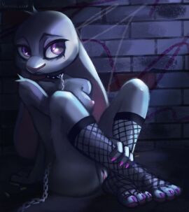 against_surface against_wall anthro bodily_fluids clothing collar female genitals hi_res humiliation judy_hopps lagomorph leash leashed_collar legwear leporid makeup mammal mascara mascara_tears murusun pussy rabbit solo zootopia
