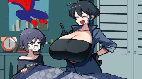 1boy 1girls 30th_video_rentals alternate_breast_size ass bedroom bedroom_eyes big_breasts black_hair blush breasts breasts_bigger_than_head busty chuuko_rental cleavage clothing color crossover curvy explaining female gigantic_breasts glasses green_lantern hal_jordan half-closed_eyes huge_breasts hyper hyper_breasts indie_virtual_youtuber indoors jumpsuit kataochi_chuuko kataoti_30 large_breasts light-skinned_female light_skin looking_at_another male marvel marvel_comics massive_breasts nakako_kataochi plump posing poster short_hair simple_background smile solo spider-man talking thick_ass top_heavy virtual_youtuber vtuber