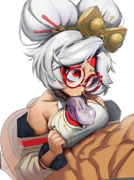 1boy 1girls abs anonymous_male big_breasts breasts clothed condom cum female filled_condom glasses hair_ornament kissing_penis light-skinned_male light_skin link link_(tears_of_the_kingdom) long_hair looking_at_partner looking_up lord_moku male open_mouth paizuri partial_male penis purah purah_(tears_of_the_kingdom) red_eyes round_glasses tears_of_the_kingdom the_legend_of_zelda the_legend_of_zelda:_tears_of_the_kingdom white_hair