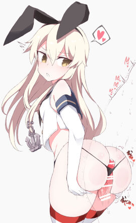 1boy 2d anchor_hair_ornament angry animal_ears black_panties blonde_hair blue_sailor_collar breasts buttjob elbow_gloves female gloves hair_ornament heart kantai_collection kneehighs long_hair looking_back male off_shoulder open_mouth panties penis precum rabbit_ears sailor_collar school_uniform serafuku shigino_sohuzi shimakaze_(kantai_collection) sleeveless socks solo_focus spoken_heart straight string_panties striped_clothes striped_socks tagme underwear white_gloves white_serafuku wide_hips