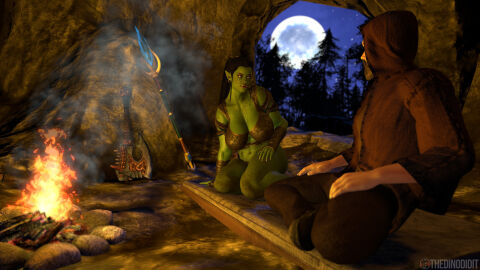 ass big_ass big_breasts breasts cave fanart fantasy female green-skinned_female green_skin human human_male light-skinned_male light_skin magic male night orc orc_female original original_character outdoors thedinodidit warrior wip