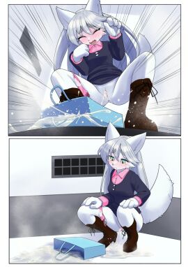 4_fingers anthro anus bag blush bodily_fluids boots breasts brown_boots brown_clothing brown_footwear canid canine cheek_tuft clitoral_hood clitoris closed_eyes clothed clothing clothing_around_one_leg comic dress facial_tuft female fingers footwear fox fur genital_fluids genitals green_eyes grossed_out hair hands_on_knees hands_on_legs hi_res improvised_toilet inside lace_panties long_hair mammal medium_breasts open_mouth panicking panties panties_around_one_leg panties_down partially_clothed peeing peeing_inside peeing_on_ground pink_clothing pink_panties pink_pussy pink_underwear pussy raised_tail recoiling resigned shoes solo spill spilling spilling_out squatting_position stained_panties tail tuft underwear underwear_around_one_leg underwear_down unousaya urine urine_on_butt urine_on_ground urine_pool urine_stain urine_steam urine_stream watersports wet wet_clothing wet_panties wet_underwear white_body white_fur white_hair white_tail