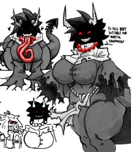 2girls all_fours anklet areola areolae_visible_through_clothing artist_name ass beaded_jewelry beaded_necklace beads big_ass big_breasts big_butt black_areola black_body black_eyes black_hair black_horn black_nipples black_tail blush breasts breasts_visible_through_clothing clothed clothing demon demon_humanoid dialogue fat_ass fat_butt female female_focus female_only ghastlybum grey_background grey_clothing hair horn horned_humanoid humanoid jewelry long_tongue looking_at_viewer mary_(ghastlybum) monster monster_girl navel necklace nightmare_waifu nipples nude nun nun_habit nun_outfit on_knees open_mouth open_smile pussy red_sclera red_tongue religious_clothing scared_bum sharp_teeth short_hair simple_background smile solo spade_tail tail tailed_humanoid talking_to_viewer teeth torn_clothing transparent_clothing wide_hips