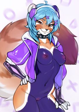 2025 5_fingers ailurid anthro areola biped blue_hair breasts brown_body brown_eyes brown_fur brown_tail claws clothed clothed_anthro clothed_female clothing digital_media_(artwork) electronics exposed_breasts female finger_claws fingers front_view fur genitals hair hand_on_hip hand_on_own_hip headphones hi_res long_tail looking_at_viewer mammal navel nipples no_underwear open_clothing open_topwear pussy red_panda shermugi simple_background smile solo tail topwear vulva