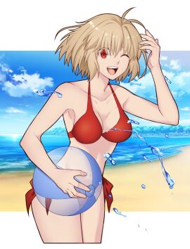 :d ;d ahoge antenna_hair arcueid_brunestud ball_(object) beach beachball bikini blonde_hair blue_sky breasts cleavage cloud collarbone commentary cropped_legs day female hair_between_eyes halterneck highres hirakawa holding holding_ball holding_beachball large_breasts letterboxed looking_at_viewer navel ocean one_eye_closed open_mouth outdoors outside_border red_bikini red_eyes short_hair side-tie_bikini_bottom sky smile solo standing swimsuit teeth tongue tsukihime upper_teeth water