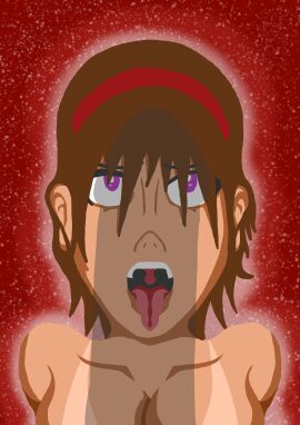 1girls ahe_gao ahegao_face brown_hair dark-skinned_female dark_skin dick_shadow female female_only hand_behind_back human kneeling_oral_position looking_up magenta_eyes male no_visible_genitalia open_mouth oral_invitation penis ponytail purple_eyes solo suntan tan_line tan_lines tongue tongue_out