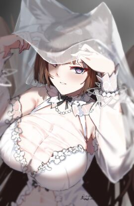amagi_(azur_lane) animal_ear_fluff animal_ears azur_lane bare_shoulders blunt_bangs blush breasts brown_hair cg cleavage detached_sleeves dress female fox_ears fox_girl jewelry large_breasts long_hair looking_at_viewer makeup navel necklace official_alternate_costume parted_lips purple_eyes see-through smile solo tail upper_body veil very_long_hair wedding_dress white_dress