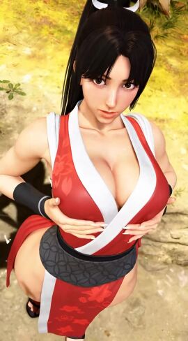 1girls 3d animated breast_hold brown_eyes brown_hair capcom cleavage fatal_fury fingerless_gloves hand_on_hip hi_res japanese_clothes king_of_fighters large_breasts legs long_hair looking_at_viewer mai_shiranui ponytail pose posing puckered_lips self_fondle sensual sexy snk solo street_fighter tagme teasing thighs video