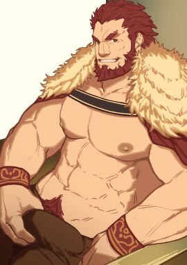 balls bara beard boner bulge erection erection_under_clothes facial_hair fate_(series) iskandar_(fate) male male_only muscles muscular penis ryker sitting solo solo_male yaoi